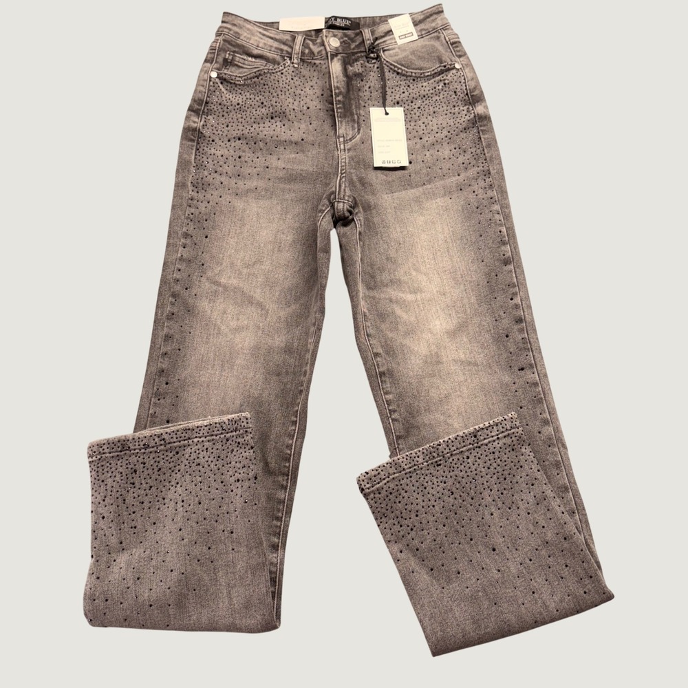 Judy Blue High Rise Grey Rhinestone Straight Leg Jeans Size 5/27 Bling‎ NEW